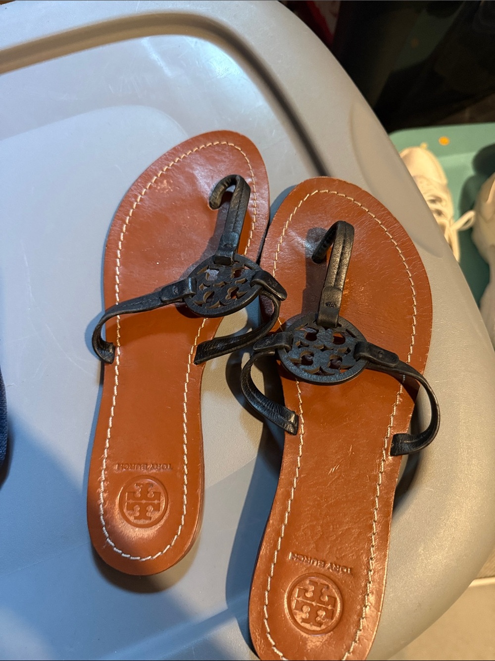 Tory Burch Black Leather Miller Thong Sandals with Brown Footbed